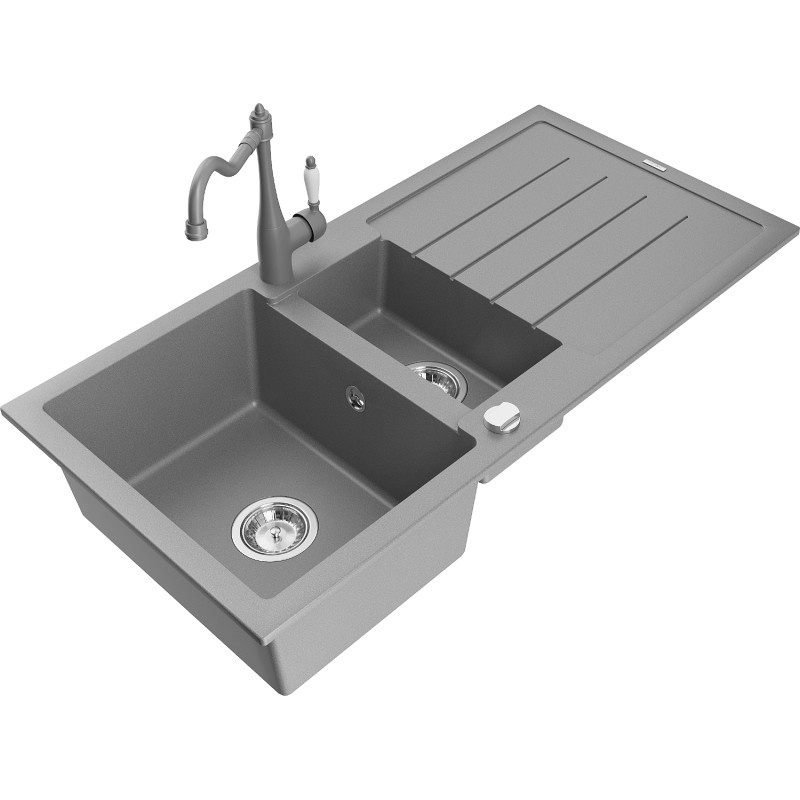 Mexen Andres granite sink 1.5-bowl with drainer and kitchen faucet Carla, gray - 6515-71-670700-71