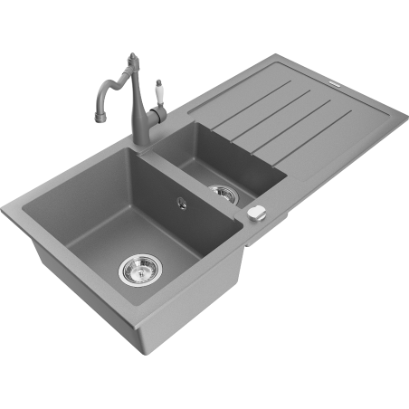 Mexen Andres 1.5-compartment granite sink with a drip tray and kitchen mixer tap Carla, Grey - 6515-71-670700-71