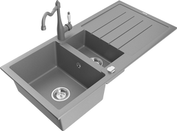Mexen Andres 1.5-compartment granite sink with a drip tray and kitchen mixer tap Carla, Grey - 6515-71-670700-71