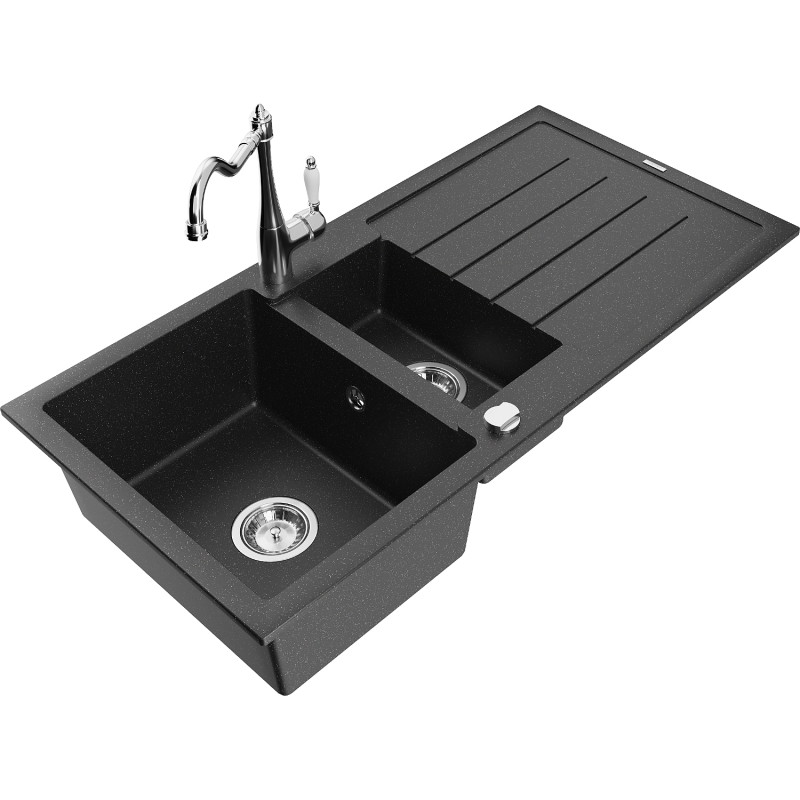 Mexen Andres 1.5-bowl granite sink with drainer and Carla kitchen faucet, black/silver - 6515-73-670700-00