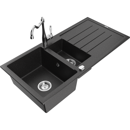 Mexen Andres granite sink 1.5-bowl with drainer and kitchen faucet Carla, black/silver - 6515-73-670700-00