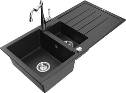 Mexen Andres 1.5-compartment granite sink with a drip tray and kitchen mixer tap Carla, Black/Silver - 6515-73-670700-00
