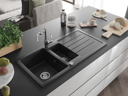 Mexen Andres granite sink 1.5-bowl with drainer and kitchen faucet Carla, black/silver - 6515-73-670700-00