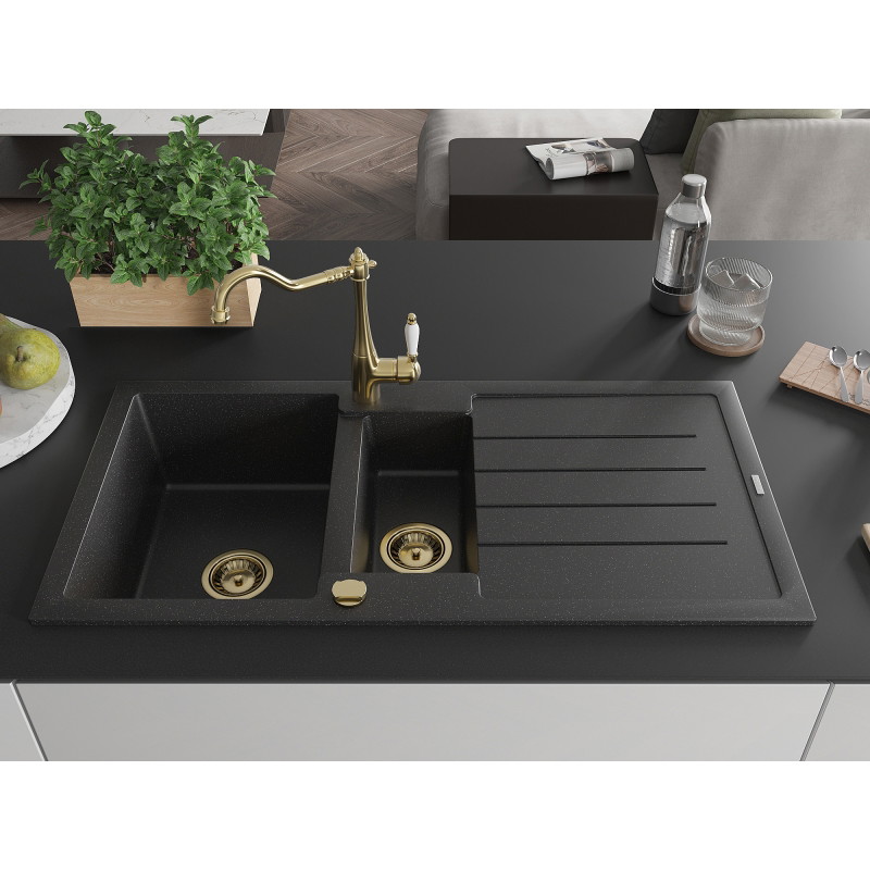 Mexen Andres granite sink 1.5-bowl with drainer and Carla kitchen faucet, black/silver - 6515-73-670700-50