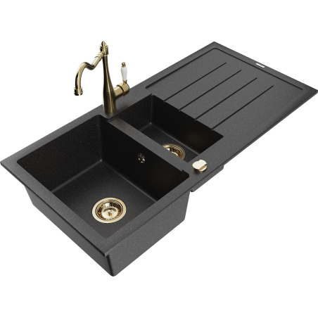 Mexen Andres 1.5-bowl granite sink with drainer and Carla kitchen tap, black/silver - 6515-73-670700-50