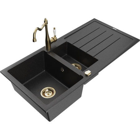 Mexen Andres 1.5-compartment granite sink with a drip tray and kitchen mixer tap Carla, Black/Silver - 6515-73-670700-50