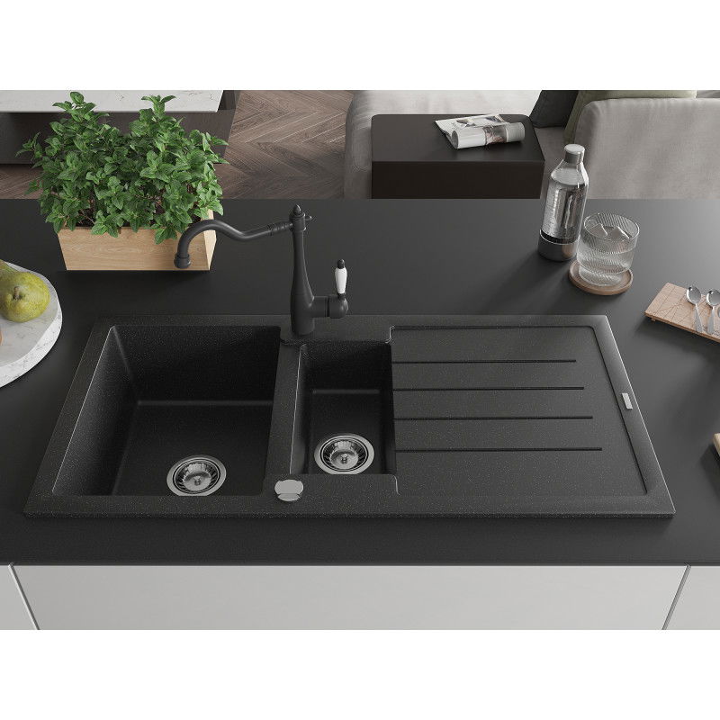 Mexen Andres granite sink 1.5-bowl with drainer and Carla kitchen mixer tap, black/silver - 6515-73-670700-70