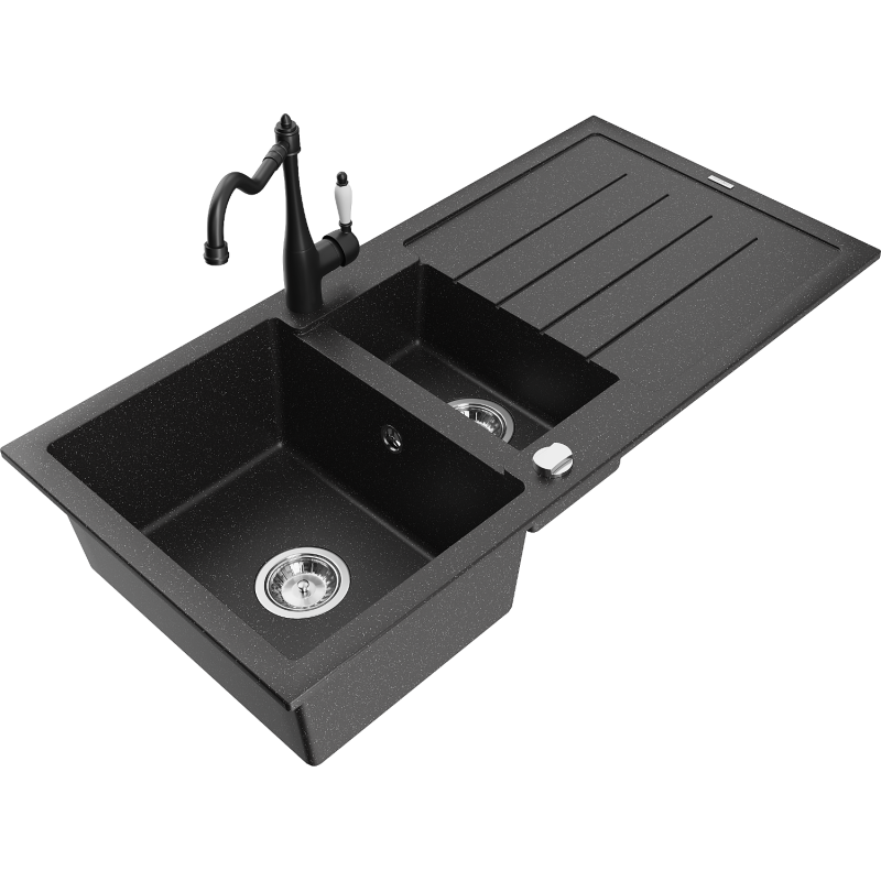 Mexen Andres granite sink 1.5-bowl with drainer and Carla kitchen mixer tap, black/silver - 6515-73-670700-70