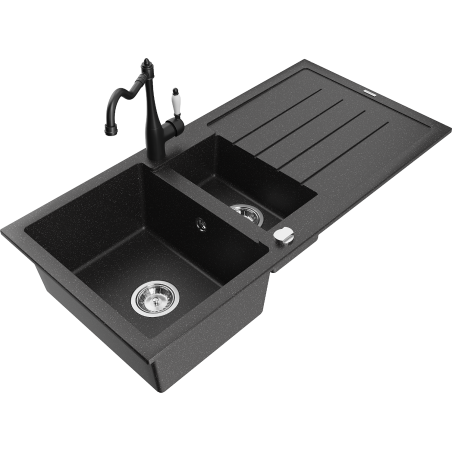 Mexen Andres 1.5-compartment granite sink with a drip tray and kitchen mixer tap Carla, Black/Silver - 6515-73-670700-70