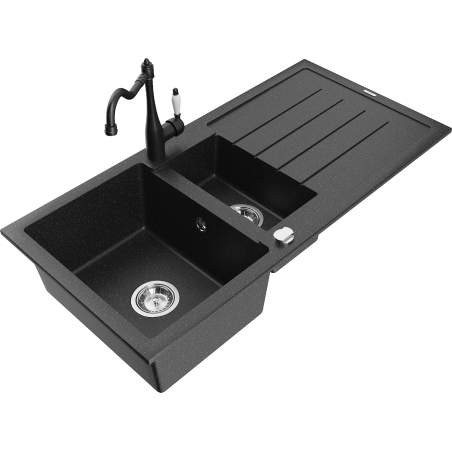 Mexen Andres granite sink 1.5-bowl with drainer and kitchen faucet Carla, black/silver - 6515-73-670700-70
