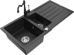 Mexen Andres granite sink 1.5-bowl with drainer and Carla kitchen mixer tap, black/silver - 6515-73-670700-70
