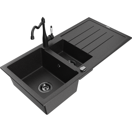 Mexen Andres 1.5-compartment granite sink with a drip tray and kitchen mixer tap Carla, Black/Silver - 6515-73-670700-70-B