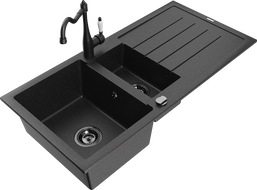Mexen Andres 1.5-bowl granite sink with drainer and Carla kitchen tap, black/silver - 6515-73-670700-70-B