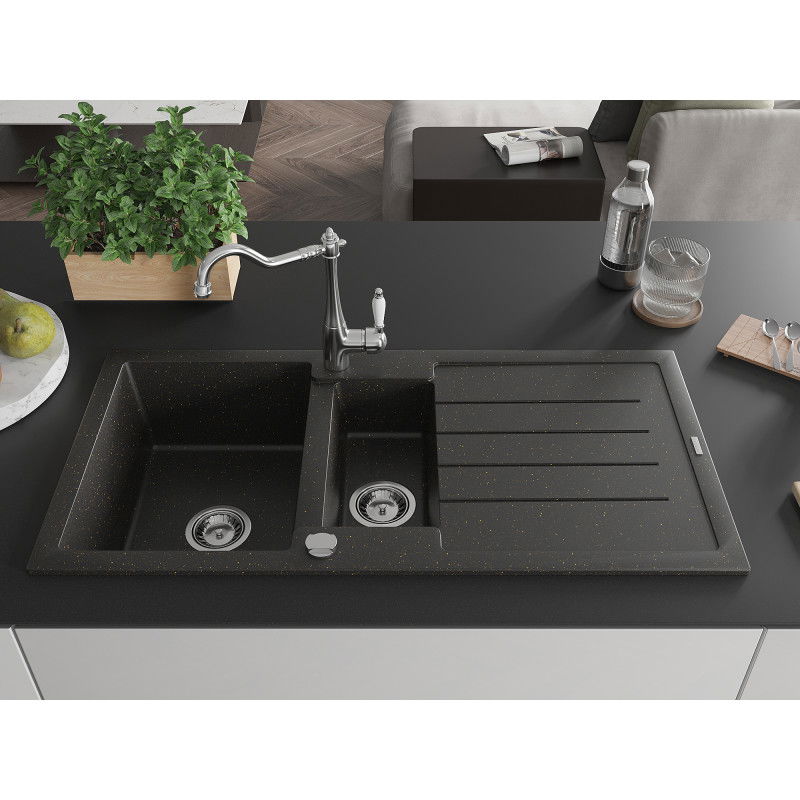 Mexen Andres granite sink 1.5-bowl with drainer and Carla kitchen tap, black/gold metallic - 6515-75-670700-00