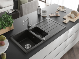 Mexen Andres granite sink 1.5-bowl with drainer and kitchen faucet Carla, black/gold metallic - 6515-75-670700-00