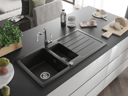 Mexen Andres 1.5-compartment granite sink with a drip tray and kitchen mixer tap Carla, Black/Gold metallic - 6515-75-670700-00