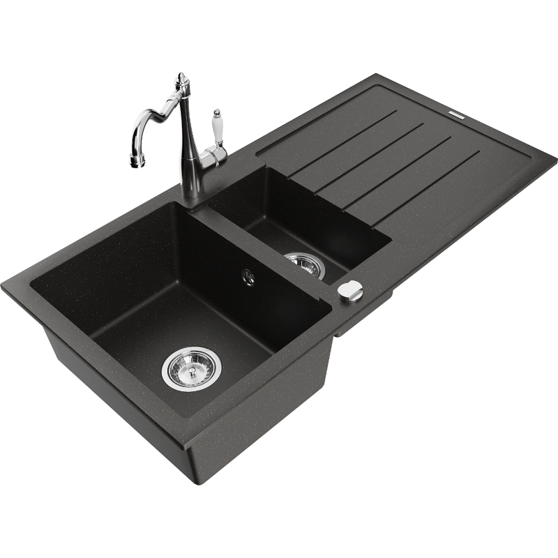 Mexen Andres 1.5-compartment granite sink with a drip tray and kitchen mixer tap Carla, Black/Gold metallic - 6515-75-670700-00