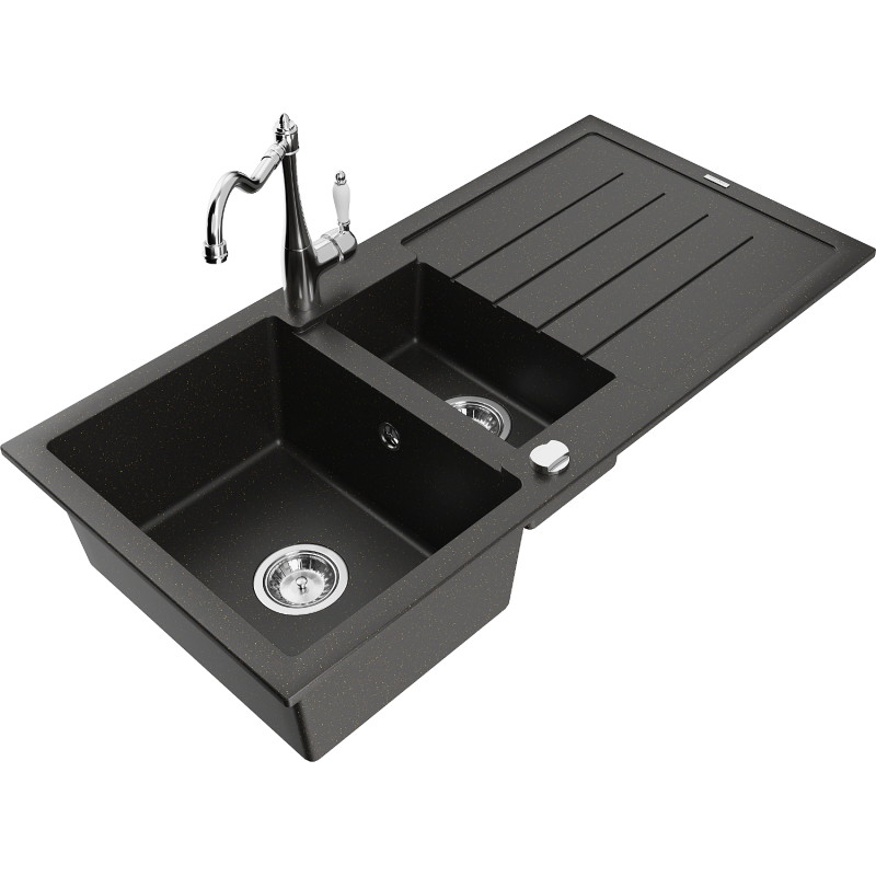 Mexen Andres granite sink 1.5-bowl with drainer and kitchen faucet Carla, black/gold metallic - 6515-75-670700-00