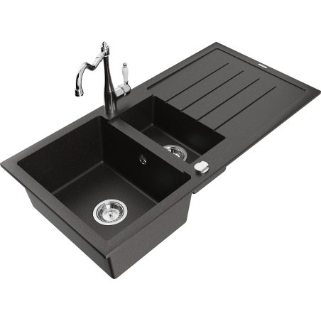 Mexen Andres granite sink 1.5-bowl with drainer and kitchen faucet Carla, black/gold metallic - 6515-75-670700-00