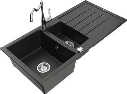 Mexen Andres granite sink 1.5-bowl with drainer and Carla kitchen tap, black/gold metallic - 6515-75-670700-00