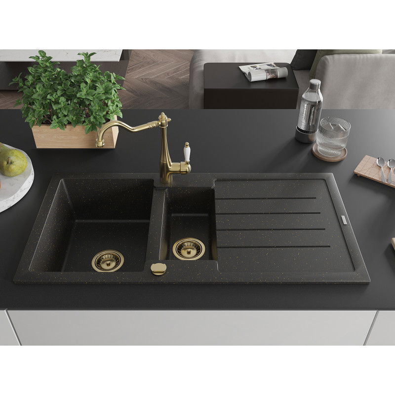Mexen Andres granite sink 1.5-bowl with drainer and kitchen tap Carla, black/golden metallic - 6515-75-670700-50