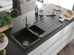 Mexen Andres granite sink 1.5-bowl with drainer and kitchen tap Carla, black/golden metallic - 6515-75-670700-50