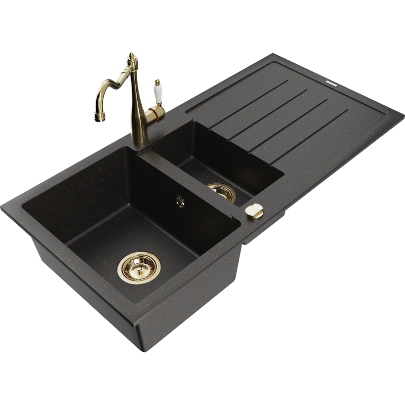 Mexen Andres 1.5-compartment granite sink with a drip tray and kitchen mixer tap Carla, Black/Gold metallic - 6515-75-670700-50