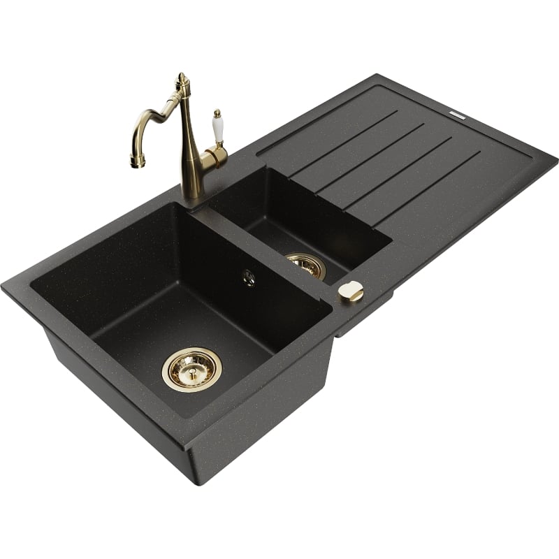 Mexen Andres granite sink 1.5-bowl with drainer and kitchen faucet Carla, black/gold metallic - 6515-75-670700-50