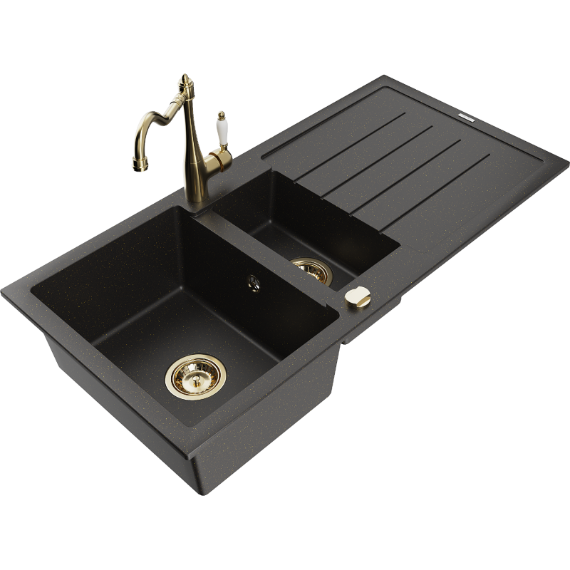 Mexen Andres granite sink 1.5-bowl with drainer and kitchen tap Carla, black/golden metallic - 6515-75-670700-50