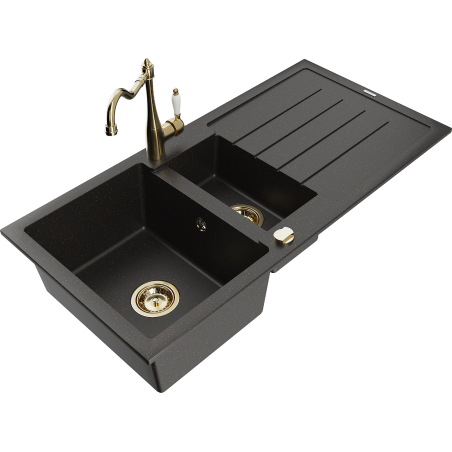 Mexen Andres granite sink 1.5-bowl with drainer and kitchen faucet Carla, black/gold metallic - 6515-75-670700-50