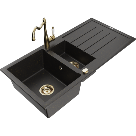 Mexen Andres granite sink 1.5-bowl with drainer and kitchen tap Carla, black/golden metallic - 6515-75-670700-50