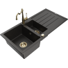 Mexen Andres granite sink 1.5-bowl with drainer and kitchen faucet Carla, black/gold metallic - 6515-75-670700-50