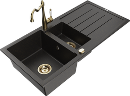 Mexen Andres granite sink 1.5-bowl with drainer and kitchen faucet Carla, black/gold metallic - 6515-75-670700-50
