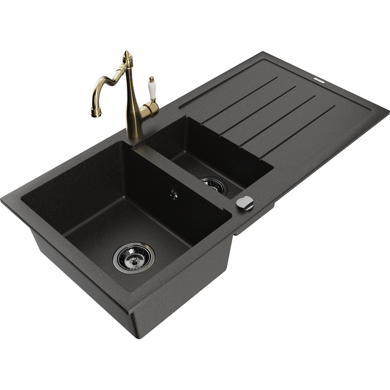 Mexen Andres 1.5-compartment granite sink with a drip tray and kitchen mixer tap Carla, Black/Gold - 6515-75-670700-50-B