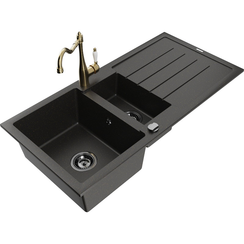 Mexen Andres granite sink 1.5-bowl with drainer and kitchen faucet Carla, black/gold - 6515-75-670700-50-B