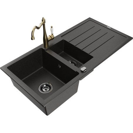 Mexen Andres 1.5-compartment granite sink with a drip tray and kitchen mixer tap Carla, Black/Gold - 6515-75-670700-50-B