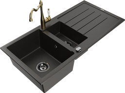 Mexen Andres granite sink 1.5-bowl with drainer and Carla kitchen tap, black/gold - 6515-75-670700-50-B