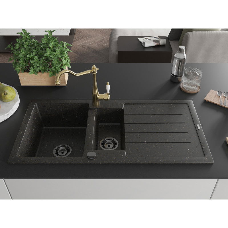 Mexen Andres granite sink 1.5-bowl with drainer and Carla kitchen tap, black/gold - 6515-75-670700-50-B