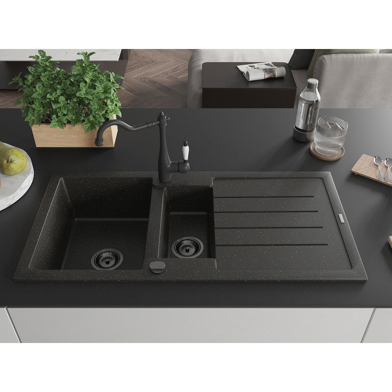 Mexen Andres granite sink with 1.5-bowl, drainer and Carla kitchen tap, black/gold - 6515-75-670700-70-B