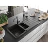 Mexen Andres granite sink with 1.5-bowl, drainer and Carla kitchen tap, black/gold - 6515-75-670700-70-B