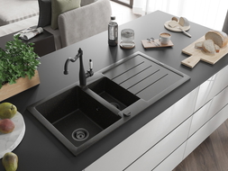 Mexen Andres 1.5-compartment granite sink with a drip tray and kitchen mixer tap Carla, Black/Gold - 6515-75-670700-70-B