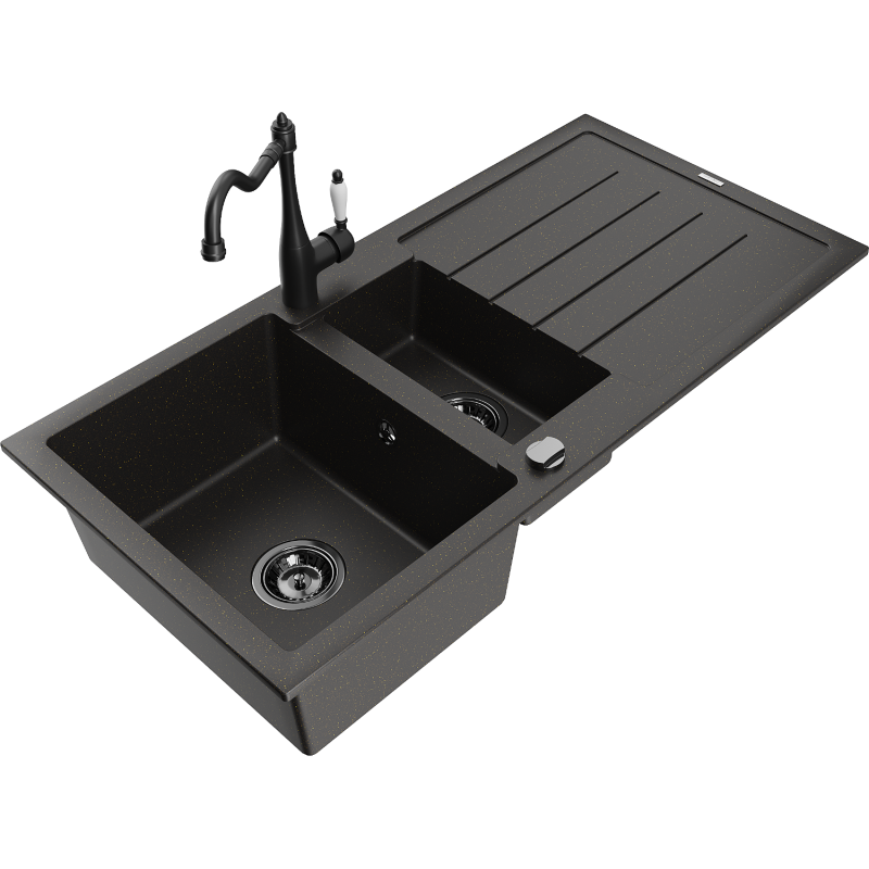 Mexen Andres 1.5-compartment granite sink with a drip tray and kitchen mixer tap Carla, Black/Gold - 6515-75-670700-70-B