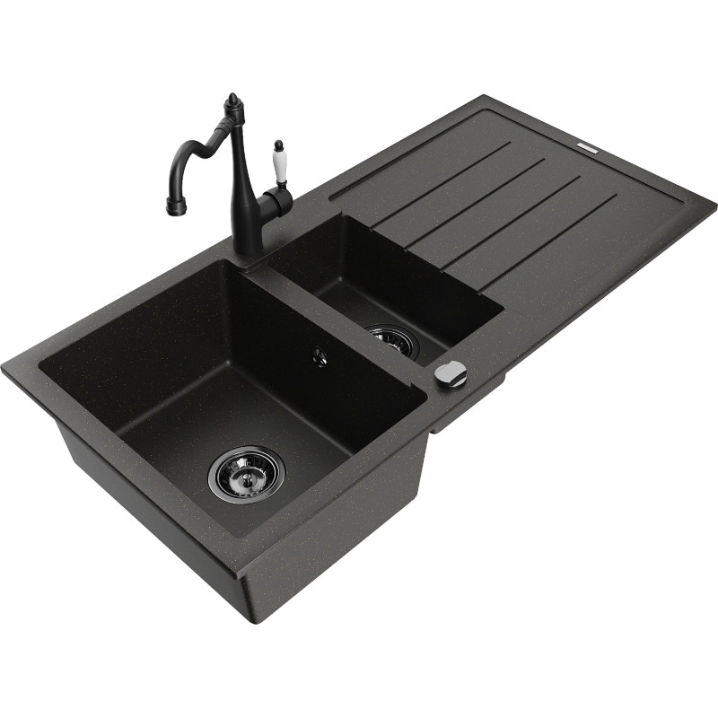 Mexen Andres Granit Kitchen Sink 1.5-Bowl with Drainer and Carla Faucet, Black/Gold - 6515-75-670700-70-B