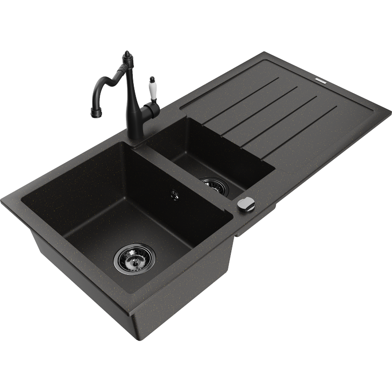Mexen Andres granite sink with 1.5-bowl, drainer and Carla kitchen tap, black/gold - 6515-75-670700-70-B