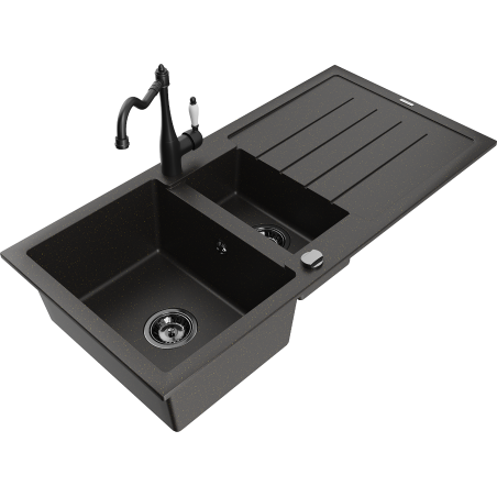 Mexen Andres granite kitchen sink 1.5-bowl with drainer and Carla kitchen faucet, black/golden - 6515-75-670700-70-B
