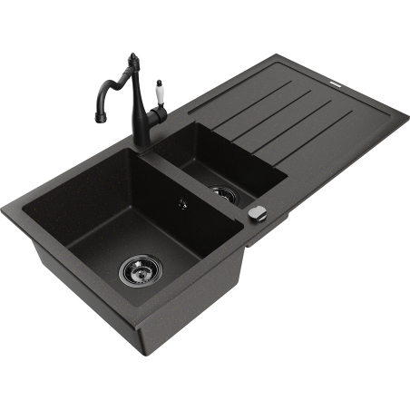 Mexen Andres granite sink with 1.5-bowl, drainer and Carla kitchen tap, black/gold - 6515-75-670700-70-B