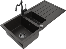 Mexen Andres granite sink with 1.5-bowl, drainer and Carla kitchen tap, black/gold - 6515-75-670700-70-B