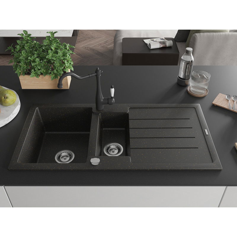 Mexen Andres granite sink 1.5-bowl with drainer and Carla kitchen tap, black/gold - 6515-75-670700-70