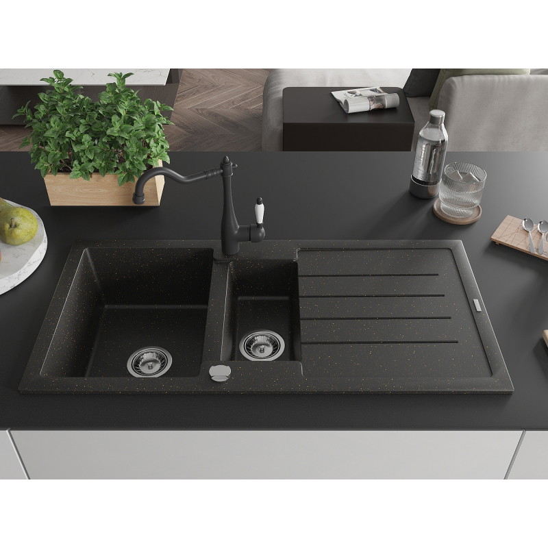 Mexen Andres granite sink 1.5-bowl with drainer and kitchen faucet Carla, black/gold - 6515-75-670700-70