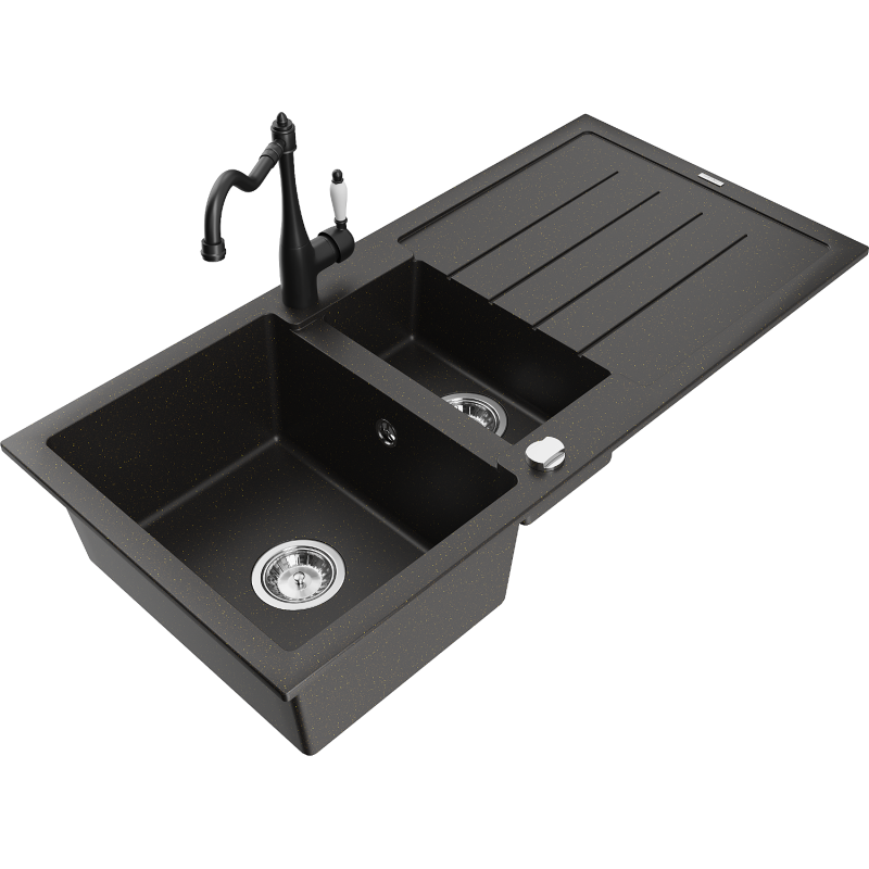 Mexen Andres 1.5-compartment granite sink with a drip tray and kitchen mixer tap Carla, Black/Gold - 6515-75-670700-70